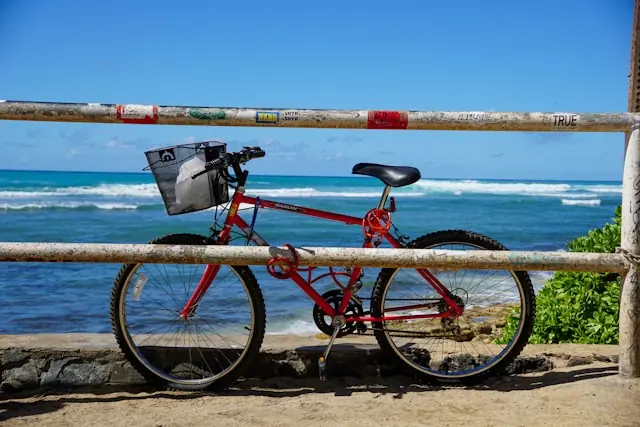 Bicycle parked by the ocean in Hawaiʻi with waves in the background