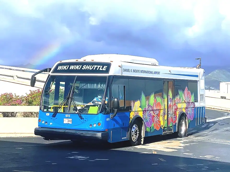 Wiki Wiki airport shuttle bus at Daniel K Inouye International Airport in Honolulu