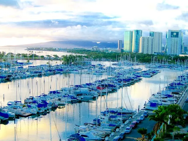 Marina with many boats docked in Honolulu harbor with city skyline in the background