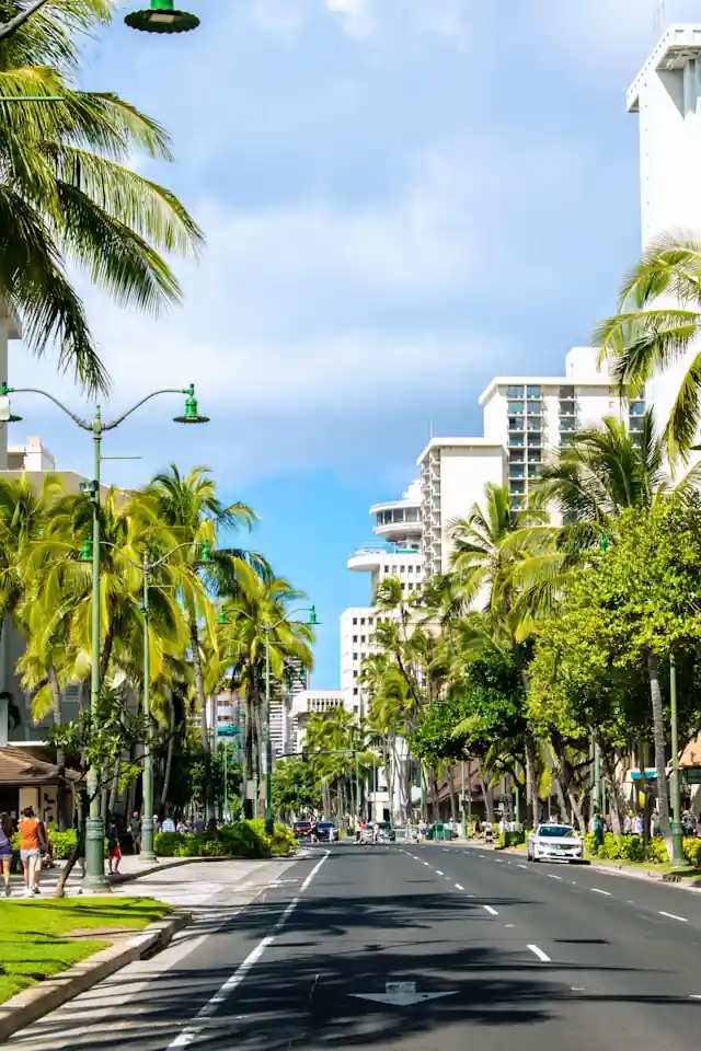 Palm-lined street in Waikīkī, Honolulu, with traffic and pedestrians
