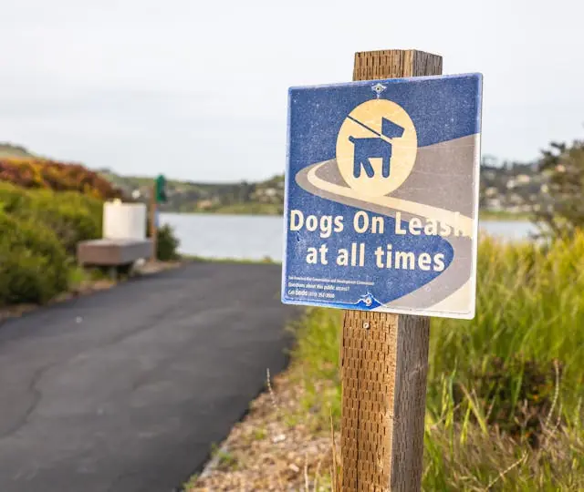 Sign requiring dogs to be on a leash at all times in a public area