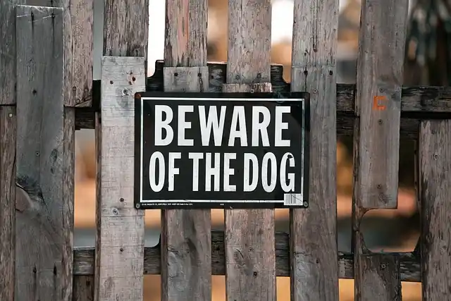 Beware of dog sign on residential fence