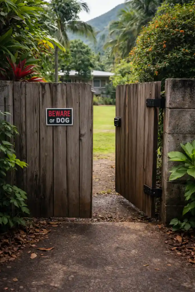 Open gate to a residential yard in Hawaii with a Beware of dog sign
