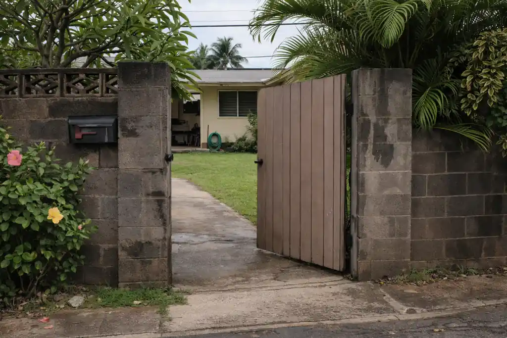 Open gate to a residential yard in Hawaii