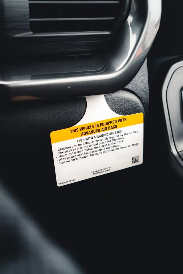 Vehicle airbag warning label showing safety instructions